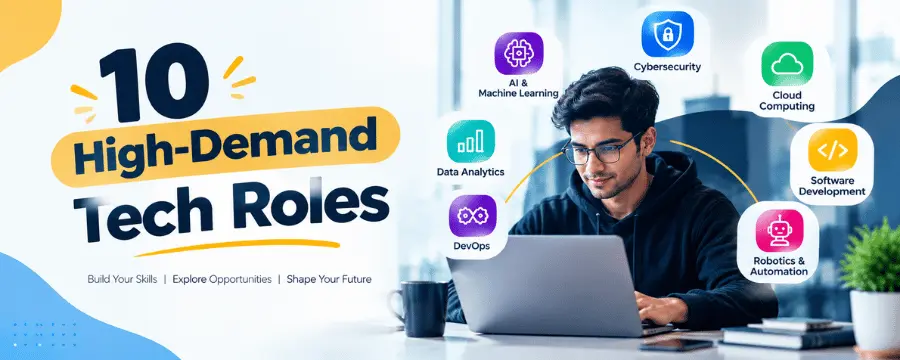 Banner featuring 10 high-demand tech roles, including AI and machine learning, cybersecurity, cloud computing, data analytics, DevOps, software development, and robotics.