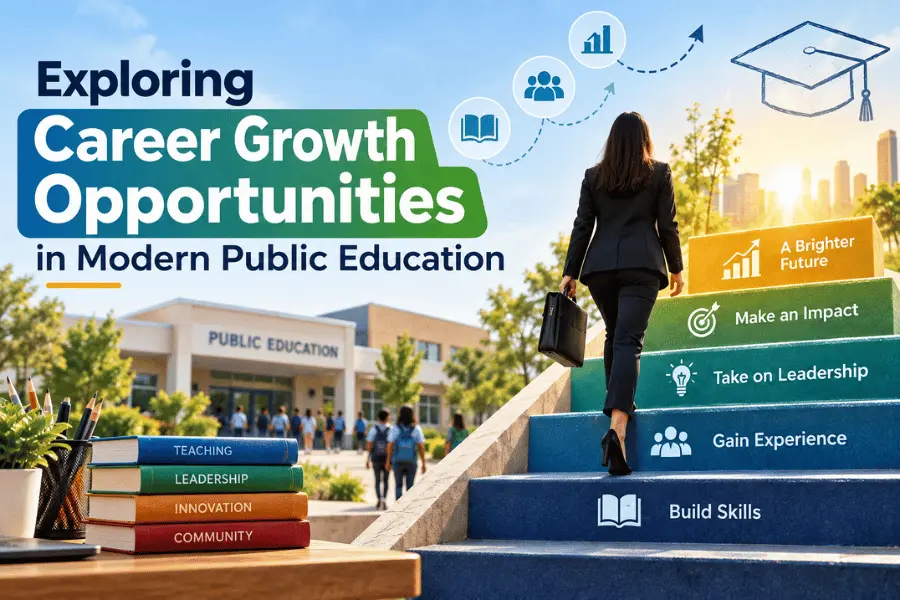 Career Growth Opportunities for educators, featuring professional development, leadership roles, advanced training, higher qualifications, and education policy careers.