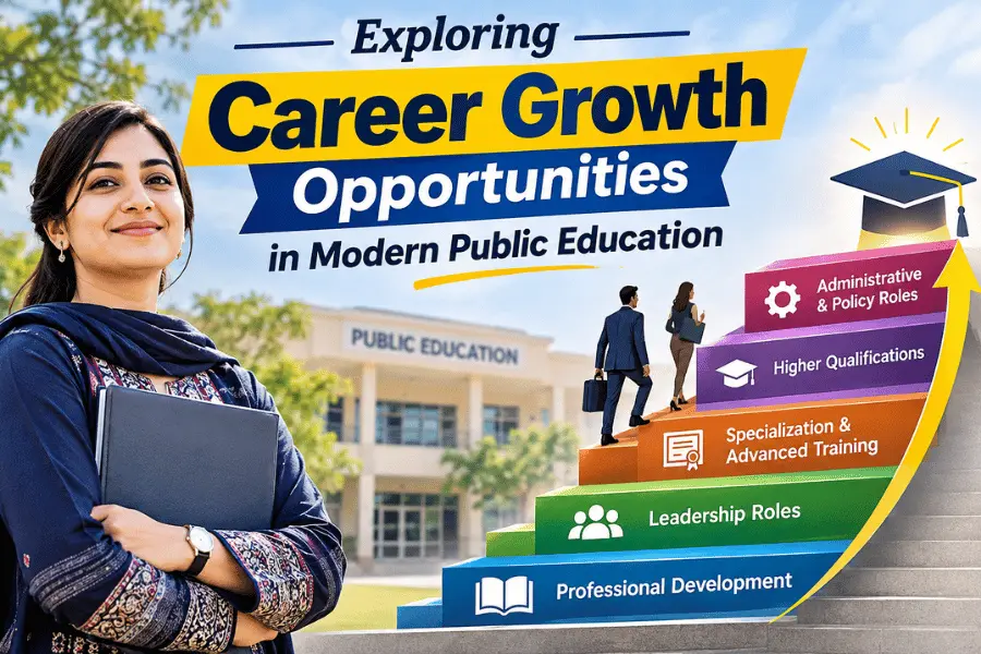 Career Growth Opportunities in modern public education, illustrating professional development, leadership skills, and career advancement for educators.