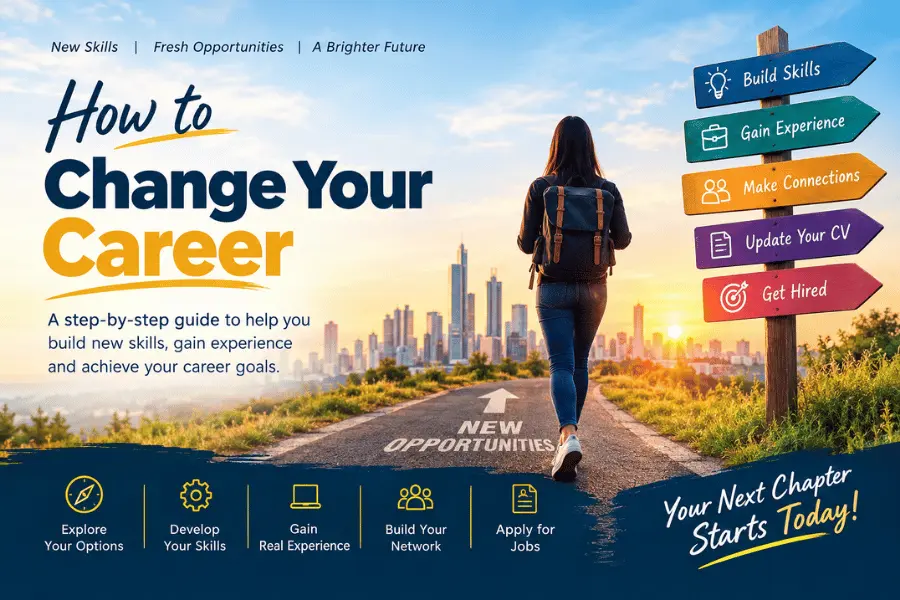 The Step-by-Step Roadmap to Pivoting Your Profession Successfully, featuring career change guidance, skill development, practical experience, professional networking, and new job opportunities.