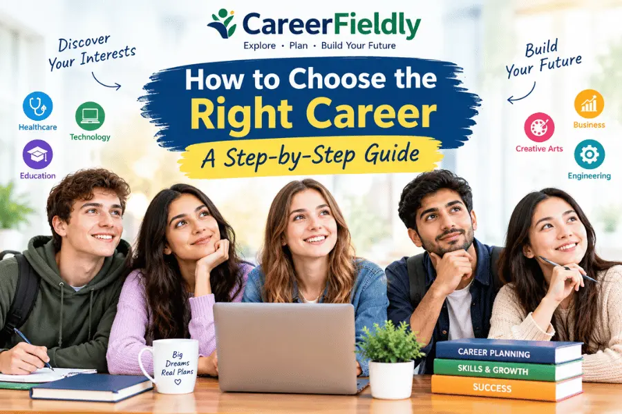How to Choose the Right Career banner featuring boys and girls exploring career options with CareerFieldly, including healthcare, technology, education, business, and engineering.