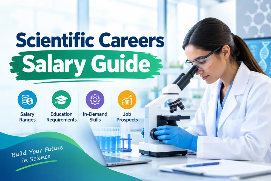 Scientific Careers Salary Guide featuring a scientist using a microscope in a laboratory.
