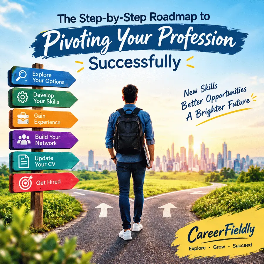 The Step-by-Step Roadmap to Pivoting Your Profession Successfully, illustrating career options, skill development, gaining experience, professional networking, and finding a new job.