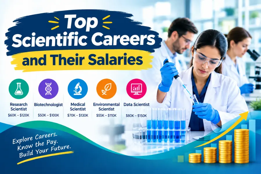 Top Scientific Careers and Their Salaries featuring scientists, career icons, and salary comparisons.