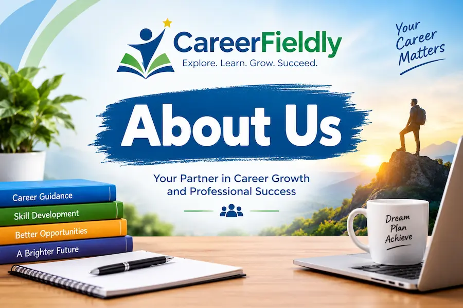 CareerFieldly About Us banner highlighting career guidance, professional development, skill growth, and career success.